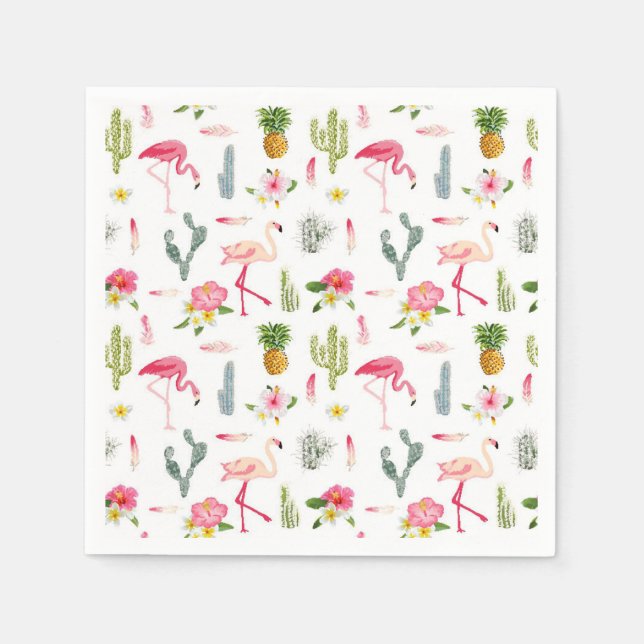 Flamingo Cactus Pineapple Hibiscus Pattern Paper Napkins (Front)