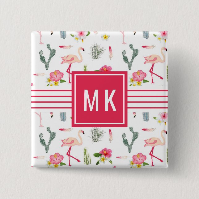 Flamingo Cactus Pineapple Hibiscus Pattern Pinback Button (Front)
