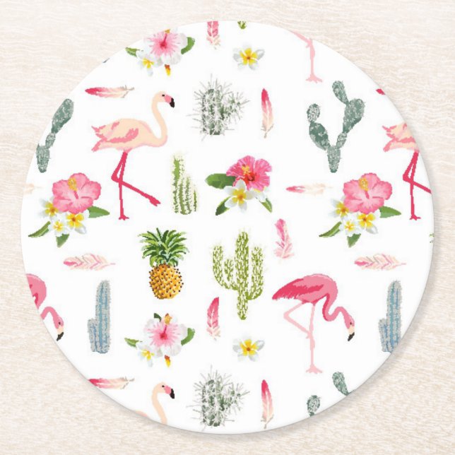 Flamingo Cactus Pineapple Hibiscus Pattern Round Paper Coaster (Front)