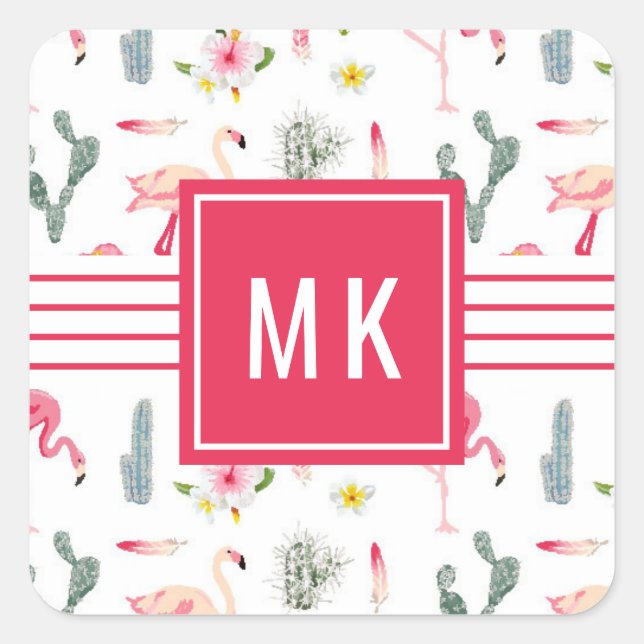 Flamingo Cactus Pineapple Hibiscus Pattern Square Sticker (Front)