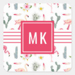 Flamingo Cactus Pineapple Hibiscus Pattern Square Sticker