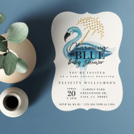 Flamingo Charming in Blue Baby Shower Invitation