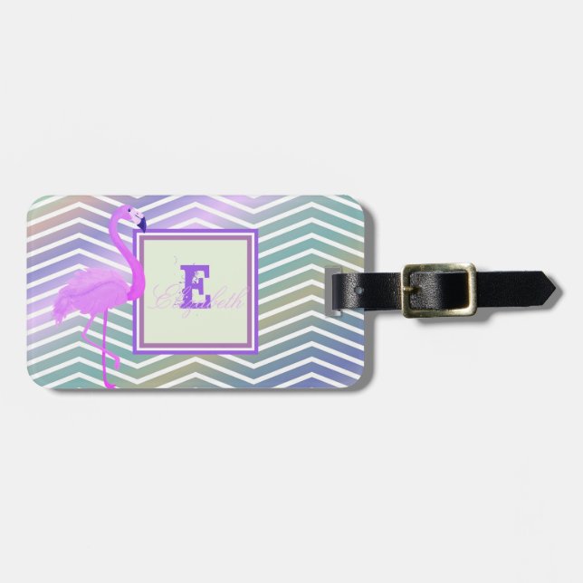 Flamingo  Chevron Zigzag,Monogram-Personalized Luggage Tag (Front Horizontal)