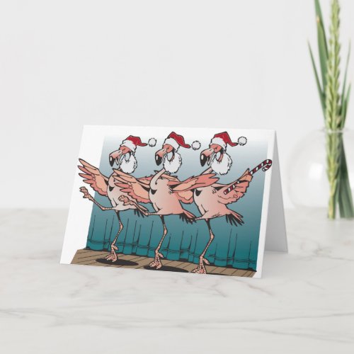 Flamingo chorus line wearing Santa hats Holiday Card