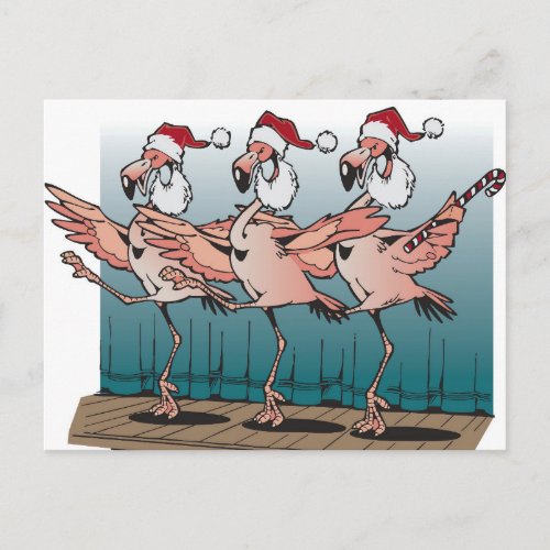 Flamingo chorus line wearing Santa hats Holiday Postcard