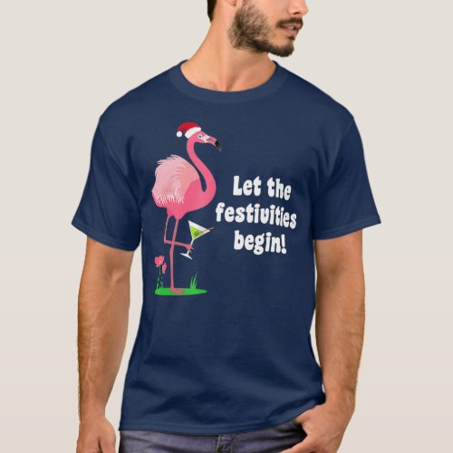 Flamingo Christmas Bird w Martini Glass Funny T_Shirt