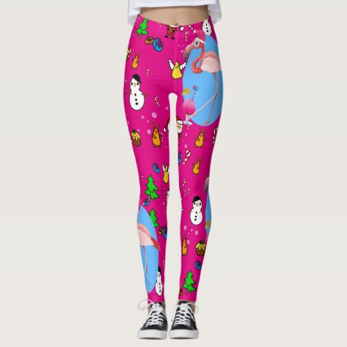 Flamingo Christmas Funny Doodles Festive Fun Leggings