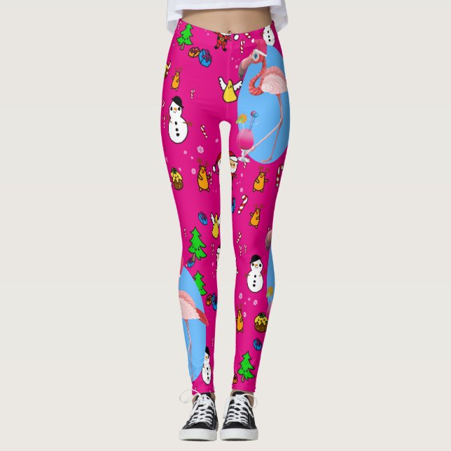 Flamingo Christmas Funny Doodles Festive Fun Leggings (Front)