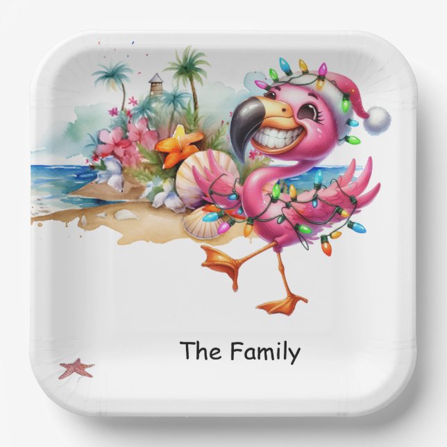 Flamingo Christmas in July at the beach Paper Plates (Front)