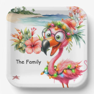 Flamingo Christmas in July at the beach Paper Plates
