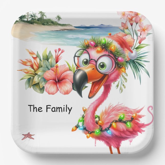 Flamingo Christmas in July at the beach Paper Plates (Front)