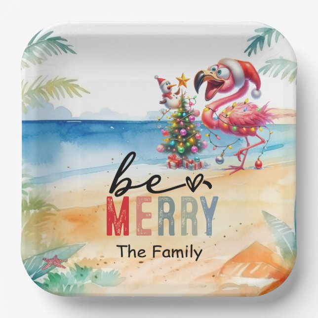 Flamingo Christmas in July at the beach Paper Plates (Front)