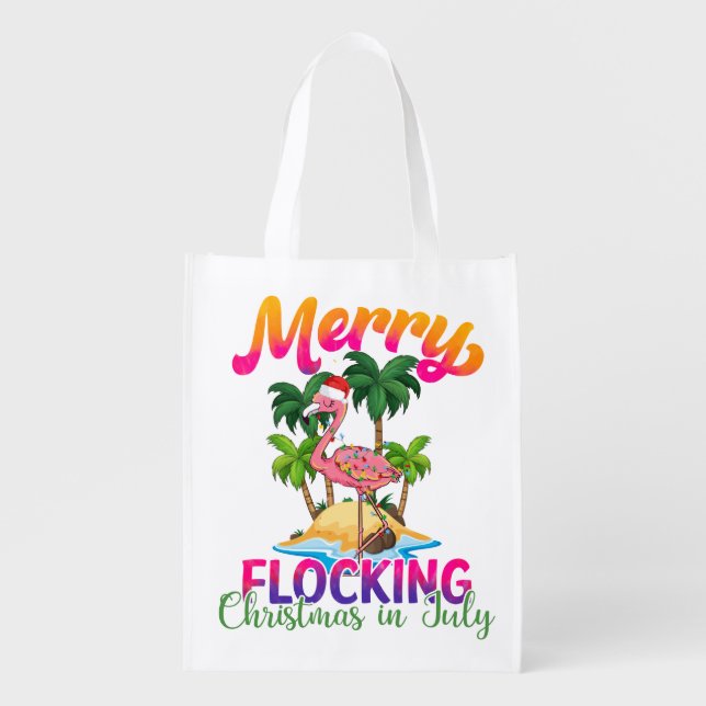 Flamingo Christmas In July | Tropical Flamingo Grocery Bag (Front)