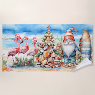 Flamingo Christmas in July with Santa Claus Beach Towel