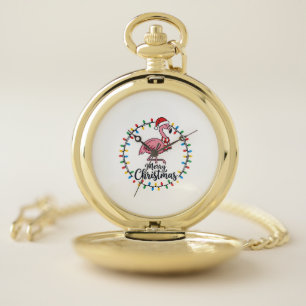Flamingo Christmas Lights Holiday Pocket Watch