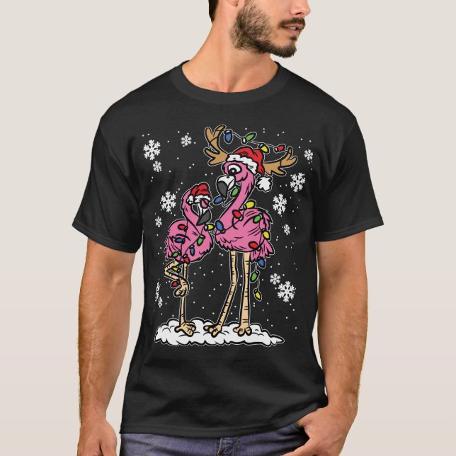 Flamingo Christmas Lights Santa Hat Pajama Cute An T-Shirt (Front)