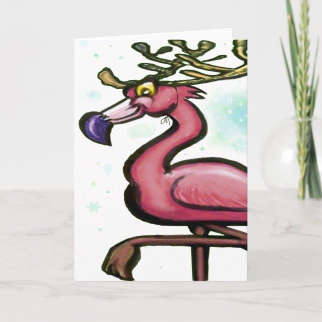 Flamingo Christmas Reindeer Holiday Card (Front)