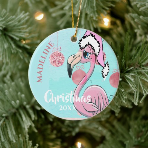Flamingo Christmas Santa Hat Blue Pink Girly Cute Ceramic Ornament