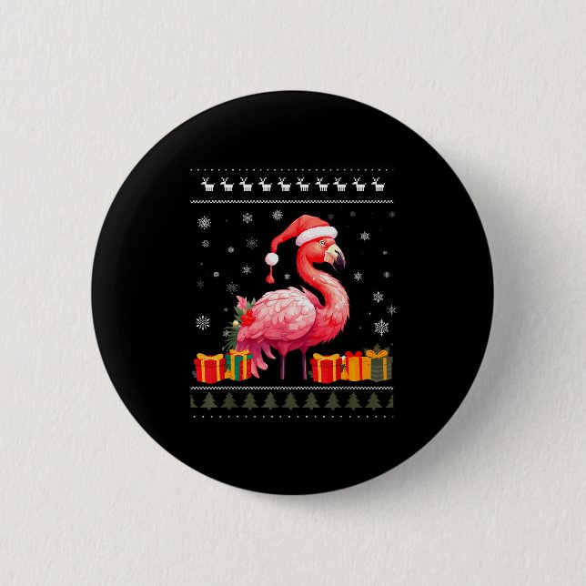 Flamingo Christmas Santa Hat Ugly Christmas Sweate Button (Front)