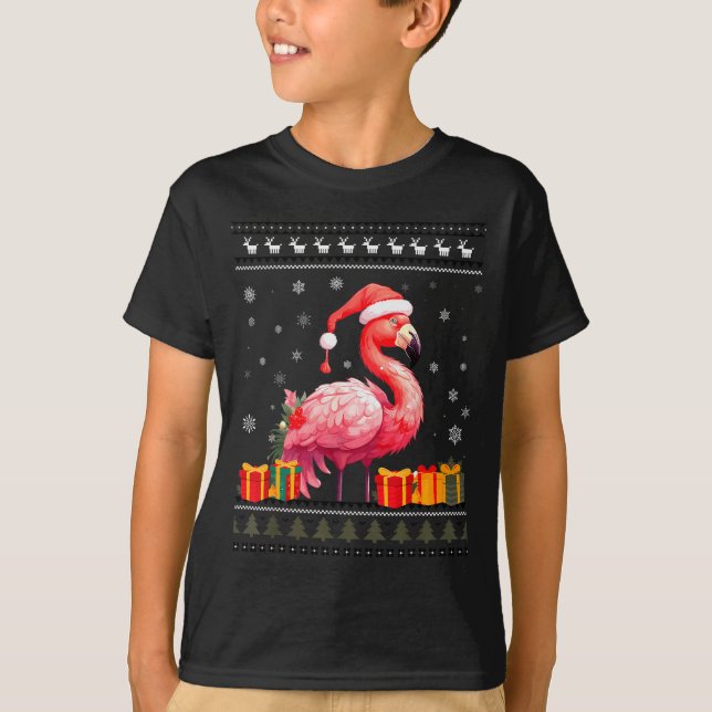 Flamingo Christmas Santa Hat Ugly Christmas Sweate T-Shirt (Front)