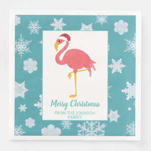 Flamingo Christmas Snowflake Blue Tropical Family Paper Dinner Napkins