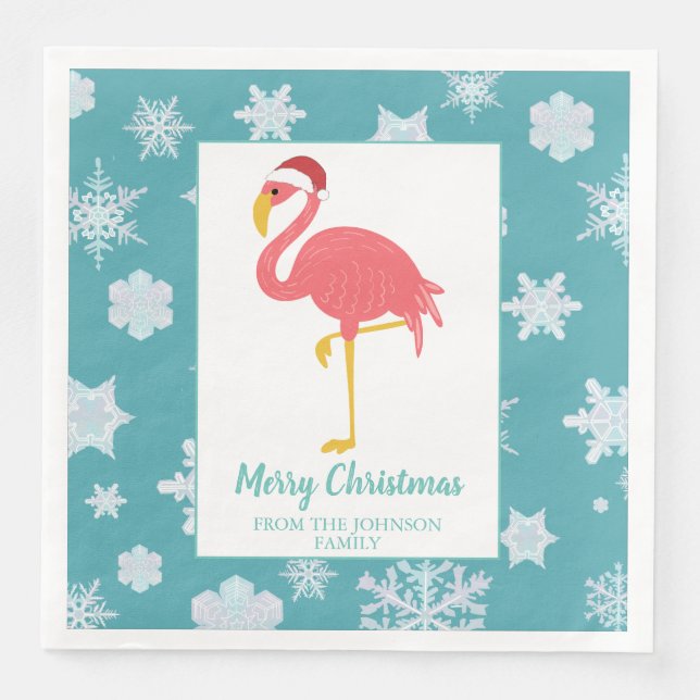 Flamingo Christmas Snowflake Blue Tropical Family Paper Dinner Napkins (Front)