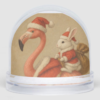 flamingo christmas snowglobe in sansta hat snow globe