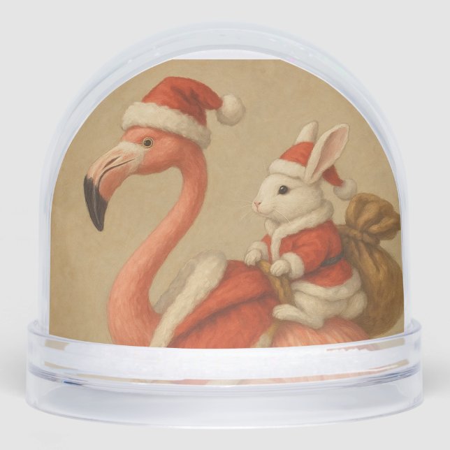 flamingo christmas snowglobe in sansta hat snow globe (Front)