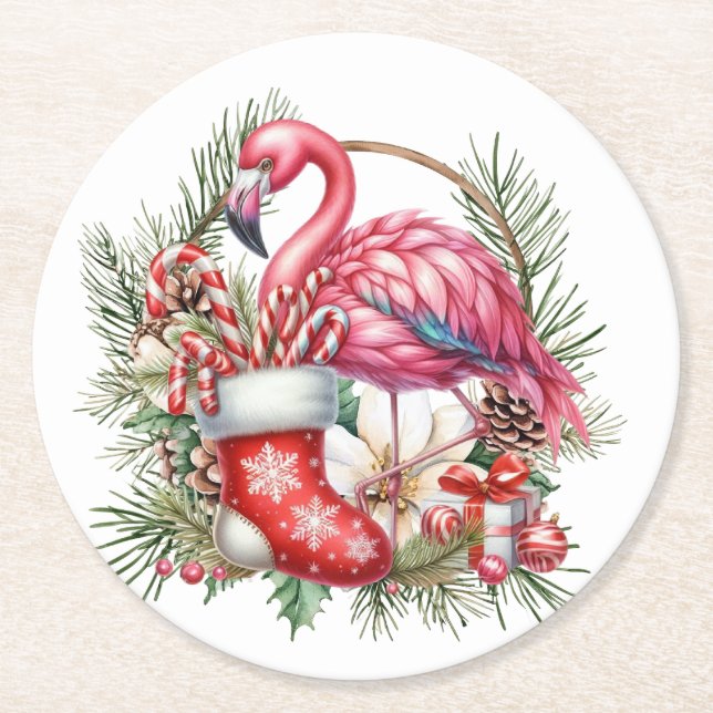 Flamingo Christmas Themed  Round Paper Coaster (Front)