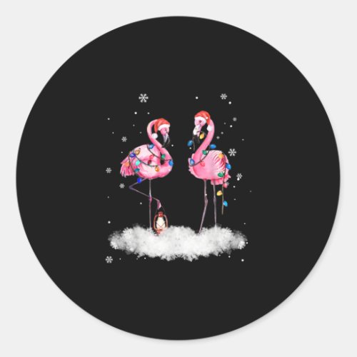 Flamingo Christmas Tree Santa Hat Light Classic Round Sticker