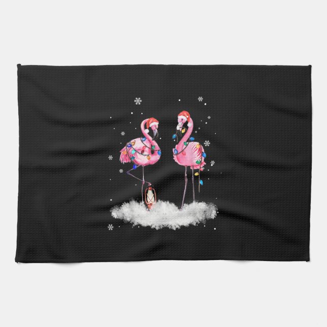Flamingo Christmas Tree Santa Hat Light Kitchen Towel (Horizontal)