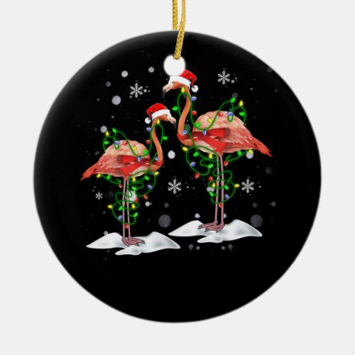 Flamingo Christmas Tree Santa Hat Light Merry Ceramic Ornament