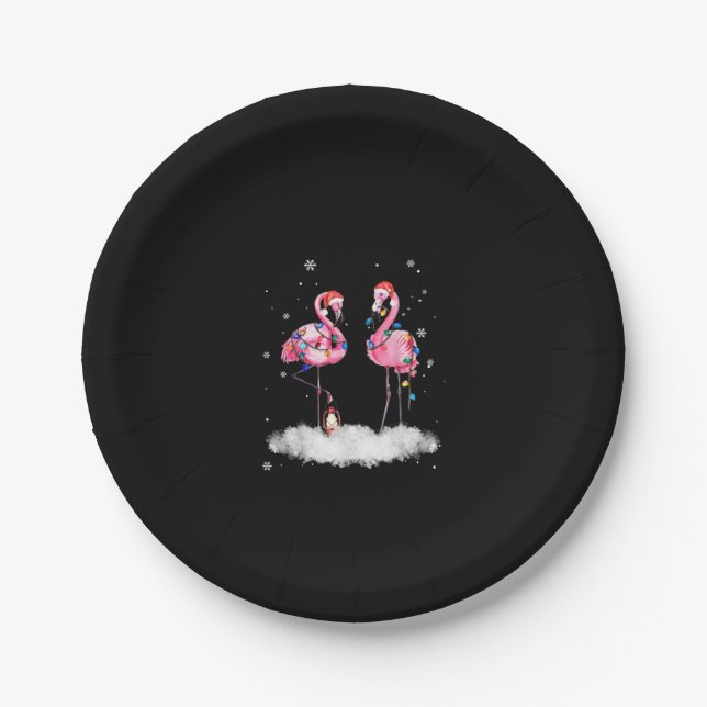 Flamingo Christmas Tree Santa Hat Light Paper Plates (Front)
