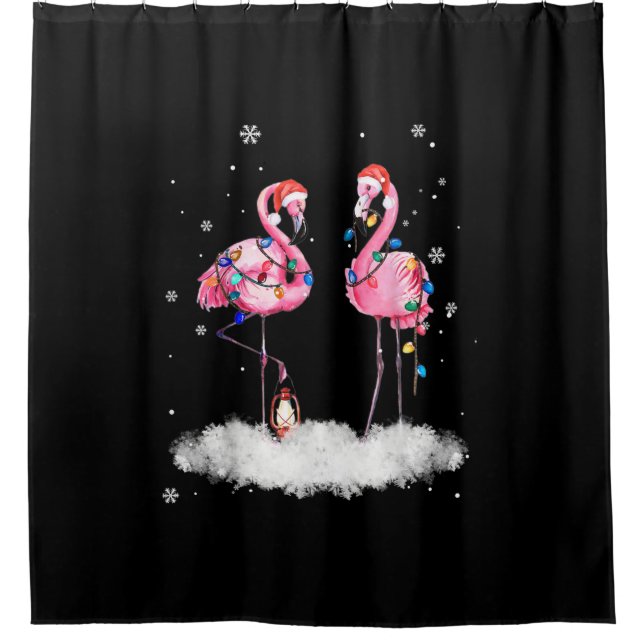 Flamingo Christmas Tree Santa Hat Light Shower Curtain (Front)