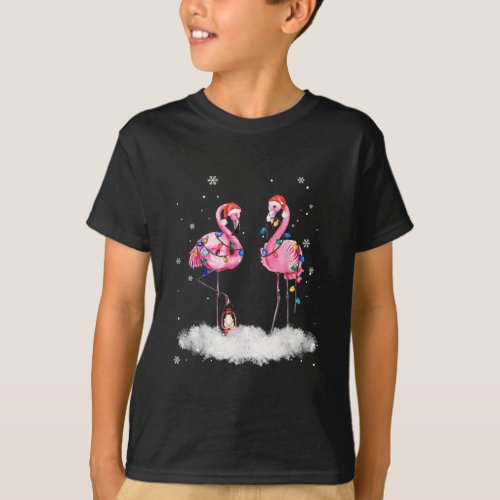Flamingo Christmas Tree Santa Hat Light T_Shirt