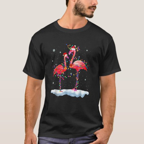 Flamingo Christmas Tree Santa Hat Xmas Light Merry T_Shirt