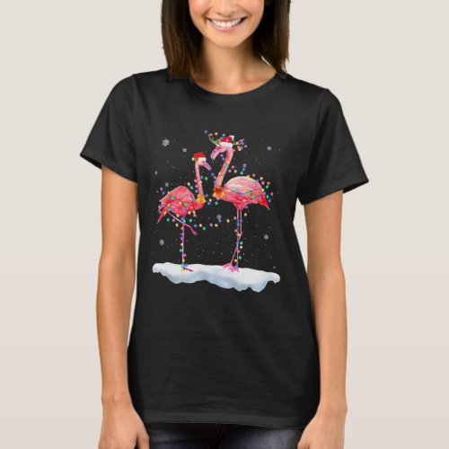 Flamingo Christmas Tree Santa Hat Xmas Light T_Shirt