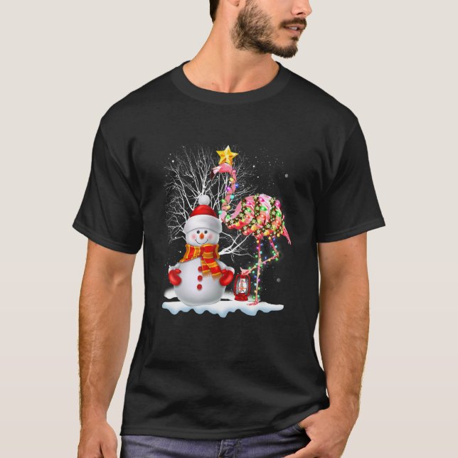 Flamingo Christmas Tree Snowman Santa Hat Flamingo T-Shirt (Front)