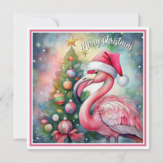 Flamingo Christmas watercolor flat card