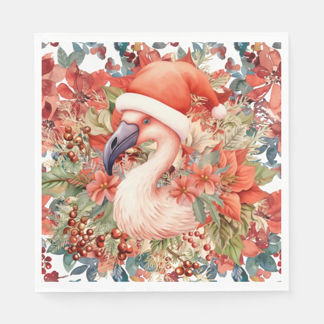 Flamingo Christmas with Santa Hat and Poinsettia  Napkins (Front)