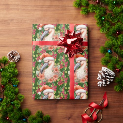 Flamingo Christmas with Santa Hat and Poinsettia  Wrapping Paper
