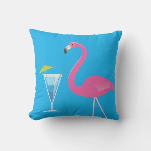 Flamingo  Cocktail on Blue Outdoor Pillow