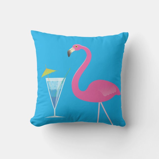 Flamingo & Cocktail on Blue Outdoor Pillow (Front)