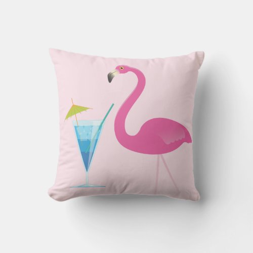 Flamingo  Cocktail on Blush Pink Outdoor Pillow