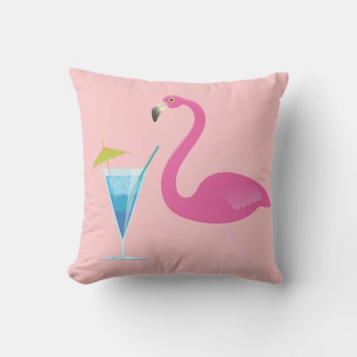 Flamingo  Cocktail on Coral Outdoor Pillow