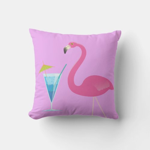Flamingo  Cocktail on Purple Outdoor Pillow