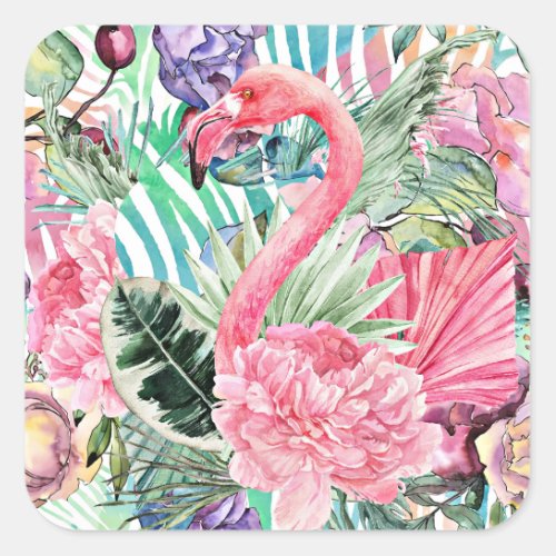 Flamingo colorful watercolor square sticker