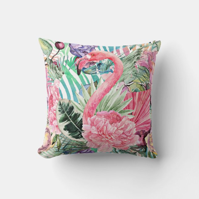 Flamingo colorful watercolor throw pillow (Front)