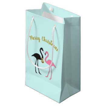 Flamingo Couple Merry Christmas Paper Small Gift Bag by holiday_store at Zazzle