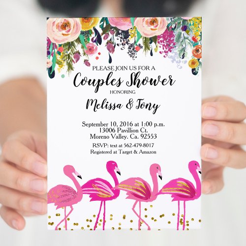 Flamingo Couple Shower Invitation Floral